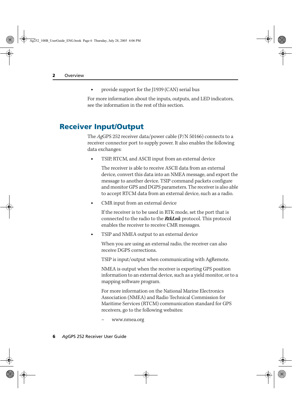 Receiver input/output | Trimble Outdoors AgGPS 252 User Manual | Page 12 / 72
