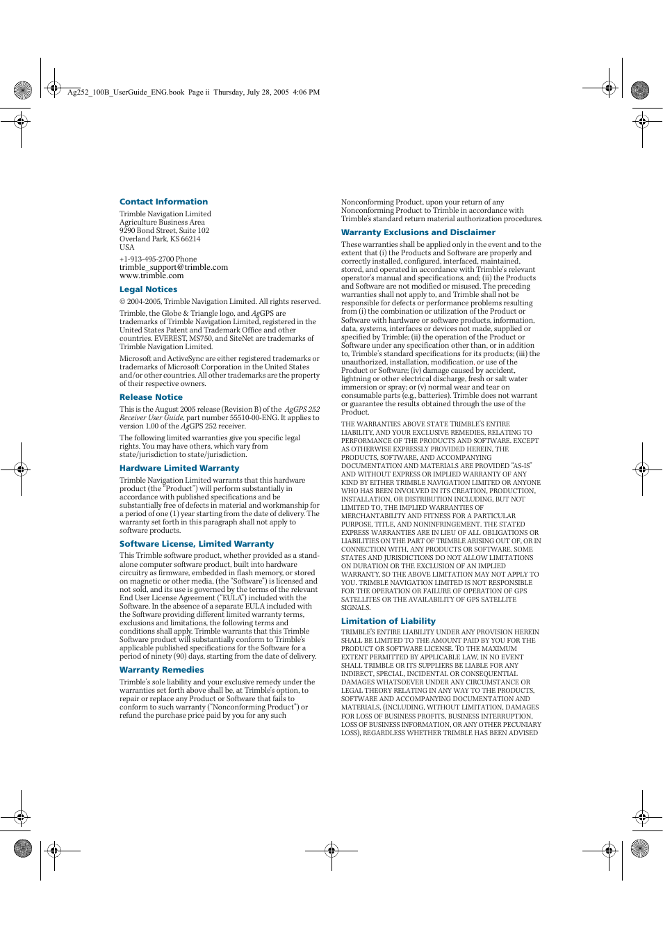 Trimble Outdoors AgGPS 252 User Manual | Page 2 / 72