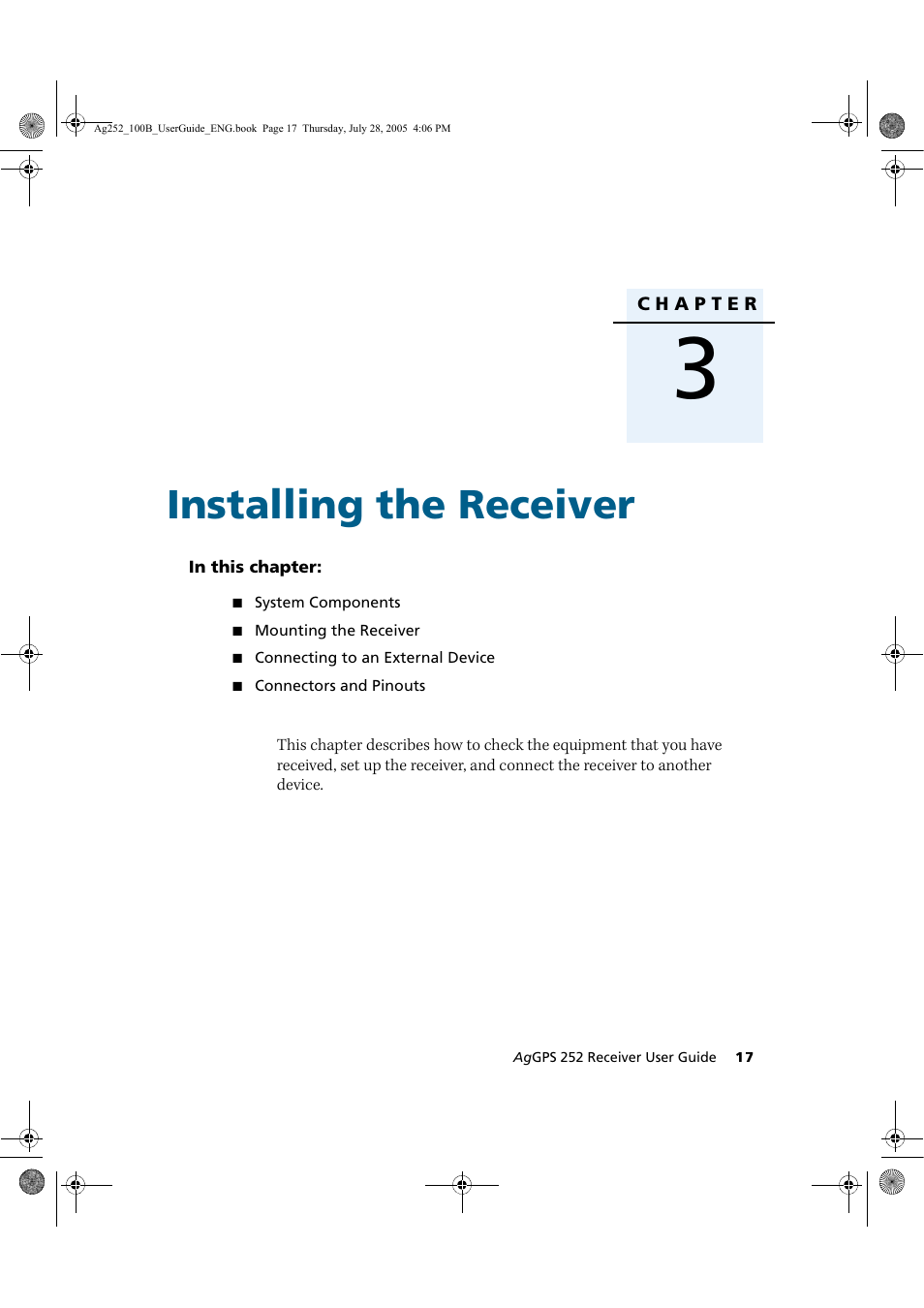 Installing the receiver | Trimble Outdoors AgGPS 252 User Manual | Page 23 / 72