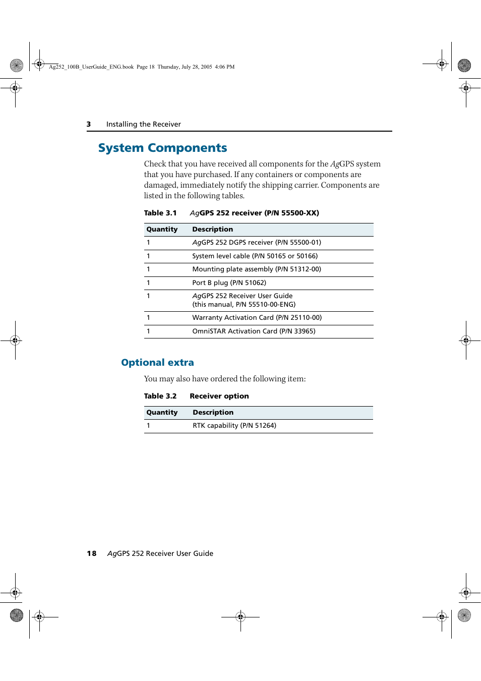 System components, Optional extra | Trimble Outdoors AgGPS 252 User Manual | Page 24 / 72