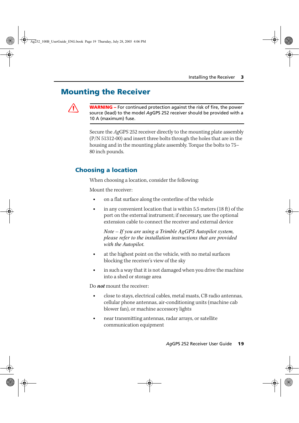 Mounting the receiver, Choosing a location | Trimble Outdoors AgGPS 252 User Manual | Page 25 / 72