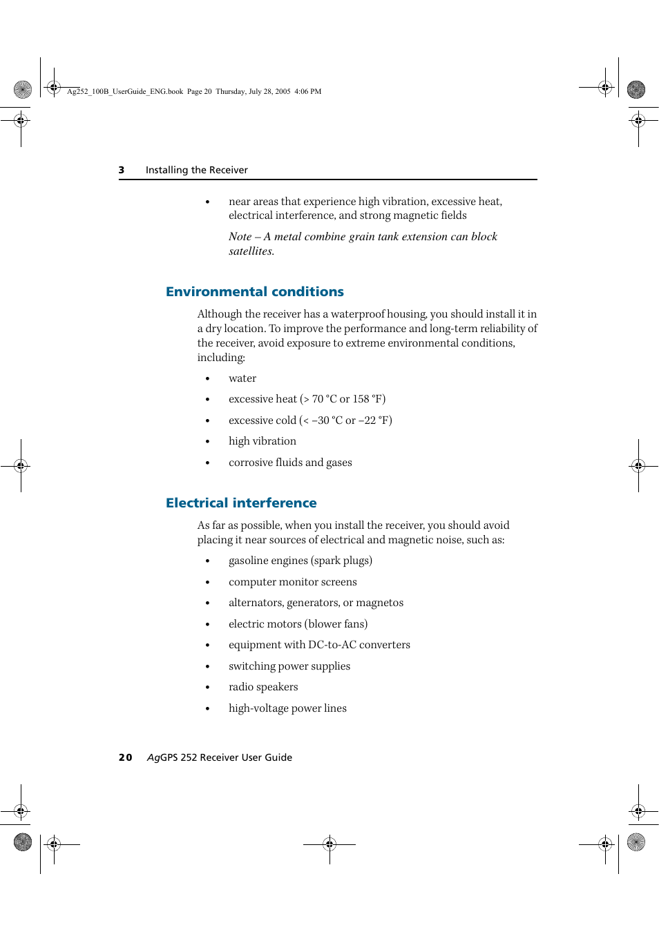 Environmental conditions electrical interference, Environmental conditions, Electrical interference | Trimble Outdoors AgGPS 252 User Manual | Page 26 / 72