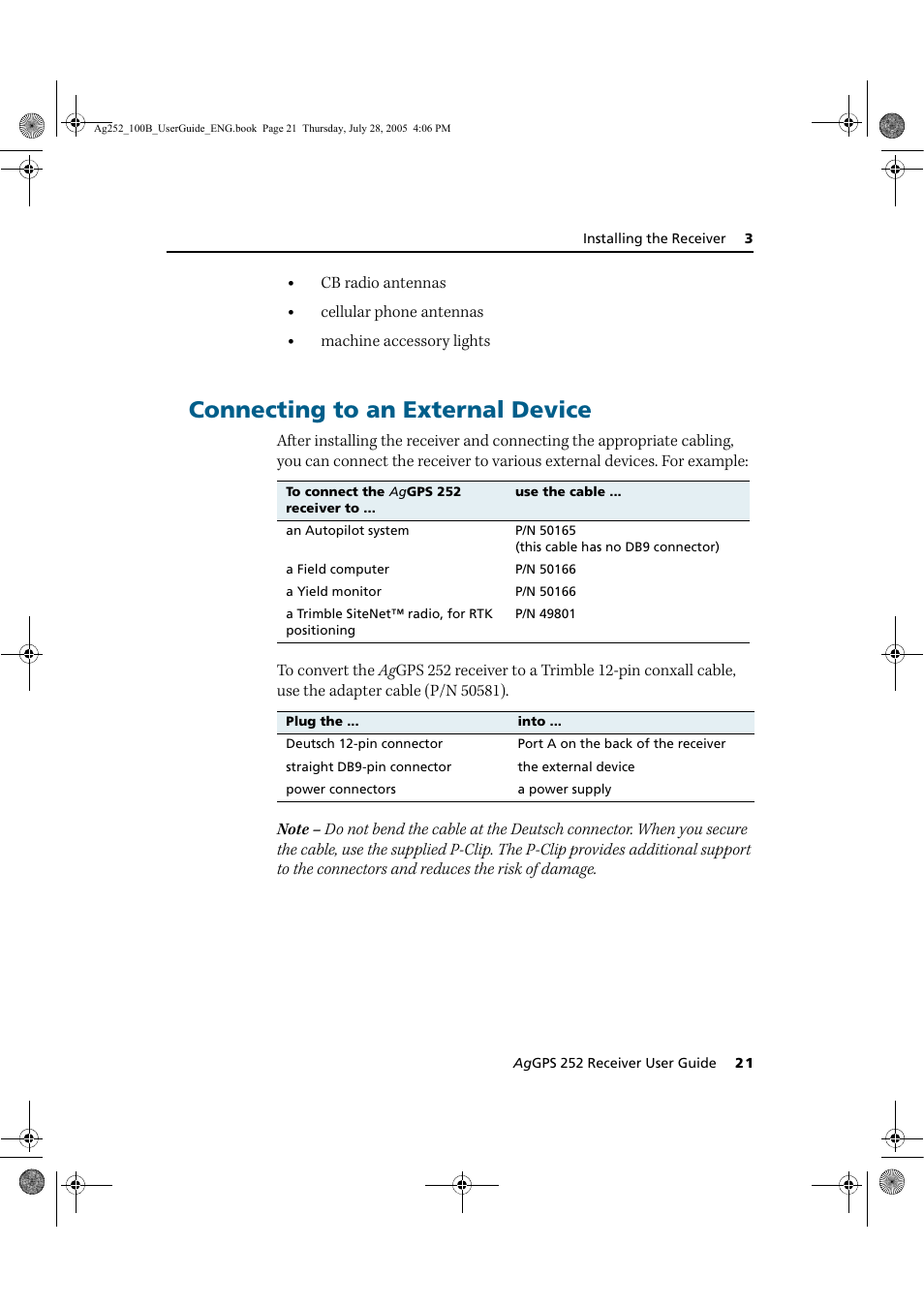 Connecting to an external device | Trimble Outdoors AgGPS 252 User Manual | Page 27 / 72