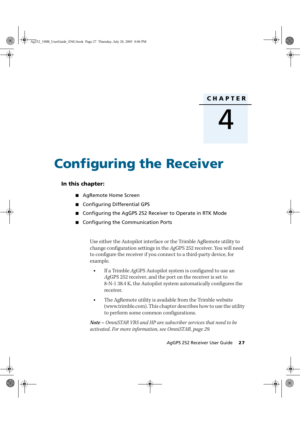 Configuring the receiver | Trimble Outdoors AgGPS 252 User Manual | Page 33 / 72