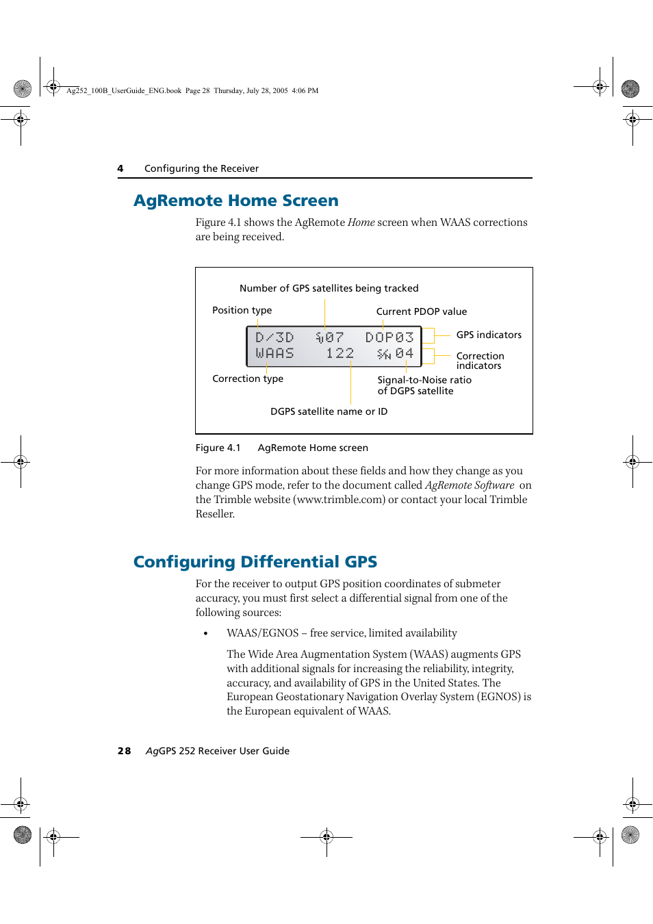 Agremote home screen configuring differential gps, Agremote home screen, Configuring differential gps | Trimble Outdoors AgGPS 252 User Manual | Page 34 / 72