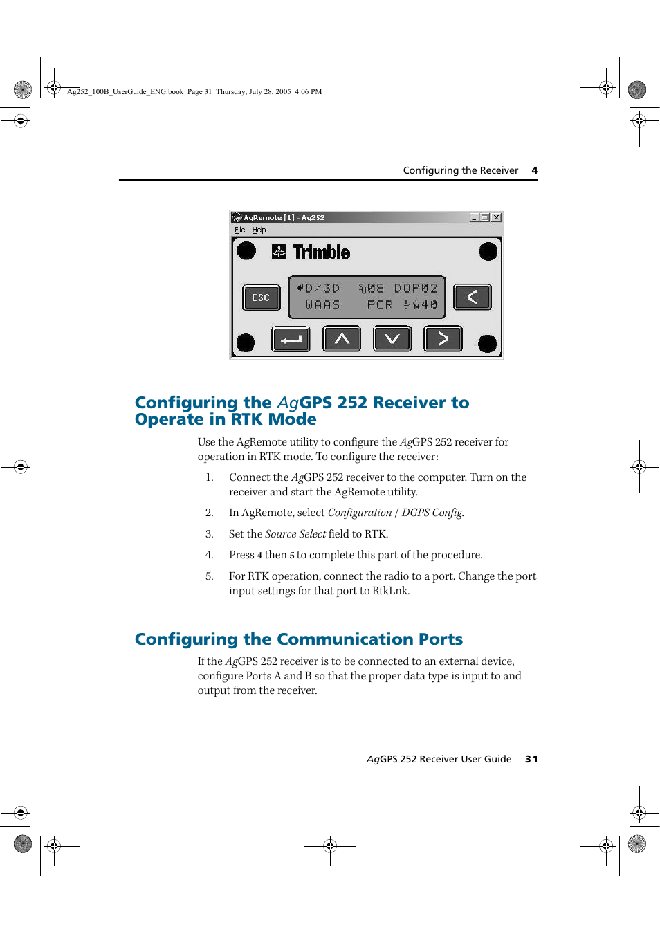 Configuring the, Configuring the communication ports | Trimble Outdoors AgGPS 252 User Manual | Page 37 / 72