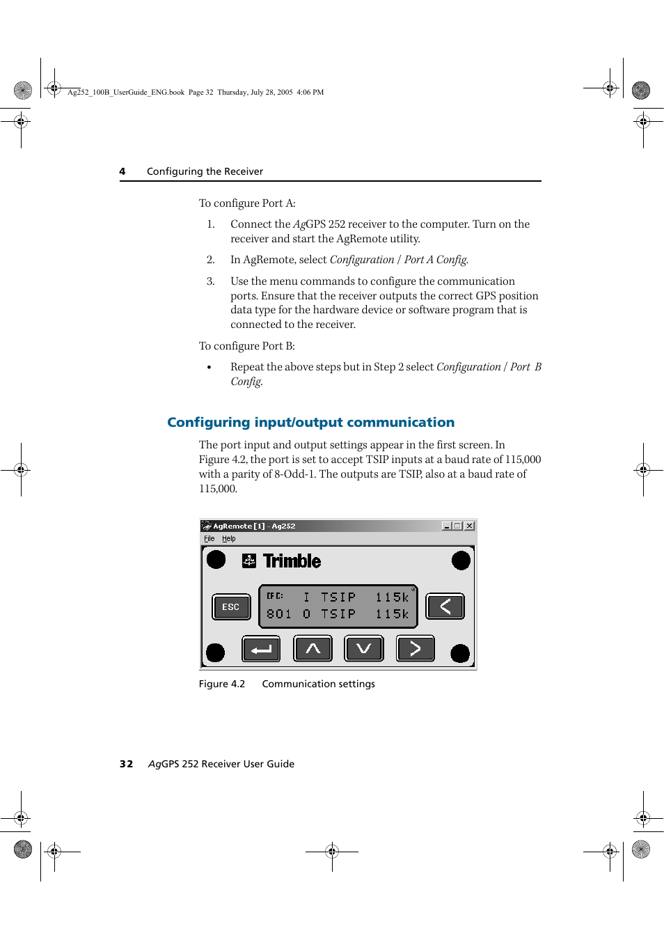 Configuring input/output communication | Trimble Outdoors AgGPS 252 User Manual | Page 38 / 72