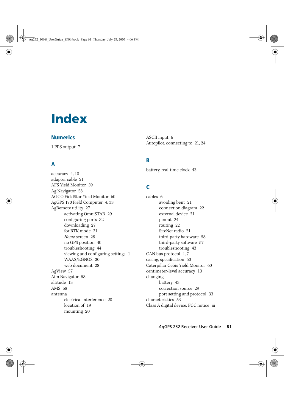 Index | Trimble Outdoors AgGPS 252 User Manual | Page 67 / 72