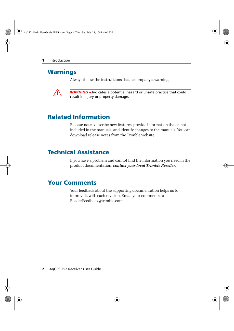 Warnings, Related information, Technical assistance | Your comments | Trimble Outdoors AgGPS 252 User Manual | Page 8 / 72