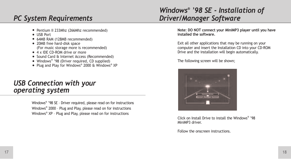 Pc system requirements, Windows, 98 se - installation of driver/manager software | Usb connection with your operating system | TeleAdapt Mini MP3 Player User Manual | Page 10 / 20