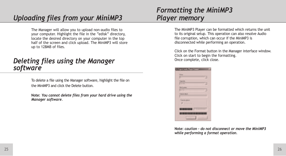 Uploading files from your minimp3, Deleting files using the manager software | TeleAdapt Mini MP3 Player User Manual | Page 14 / 20