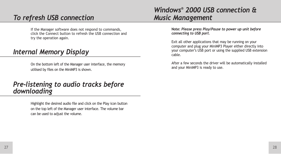 Windows, 2000 usb connection & music management, Pre-listening to audio tracks before downloading | TeleAdapt Mini MP3 Player User Manual | Page 15 / 20