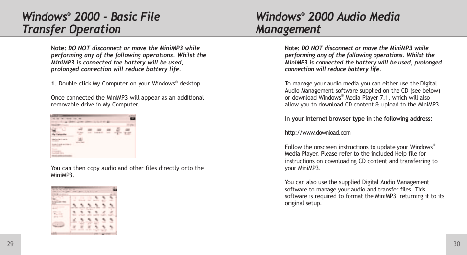 Windows, 2000 - basic file transfer operation, 2000 audio media management | TeleAdapt Mini MP3 Player User Manual | Page 16 / 20