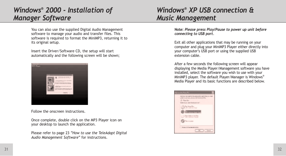 Windows, 2000 - installation of manager software, Xp usb connection & music management | TeleAdapt Mini MP3 Player User Manual | Page 17 / 20