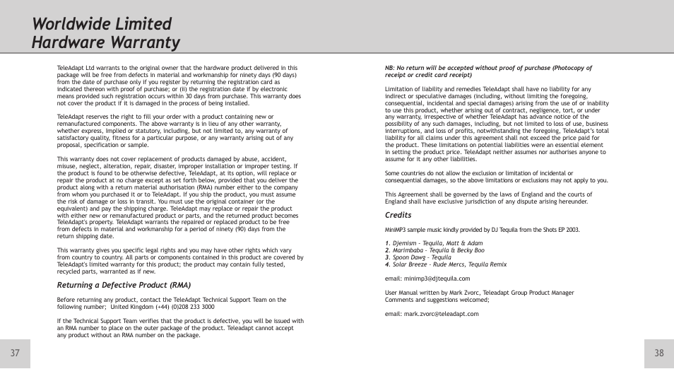 Worldwide limited hardware warranty | TeleAdapt Mini MP3 Player User Manual | Page 20 / 20
