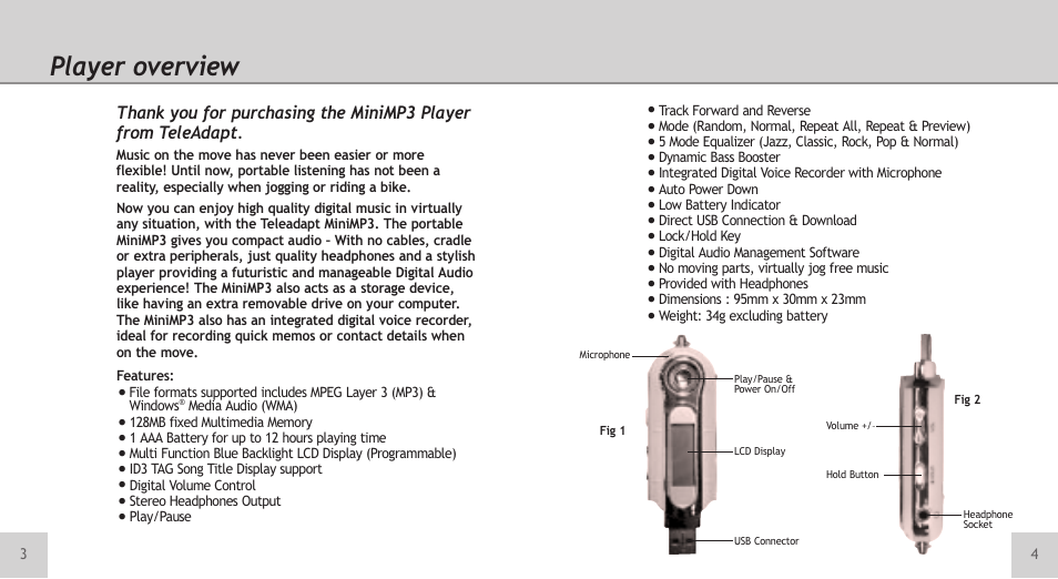 Player overview | TeleAdapt Mini MP3 Player User Manual | Page 3 / 20