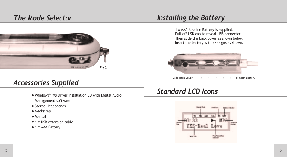 The mode selector accessories supplied, Installing the battery, Standard lcd icons | TeleAdapt Mini MP3 Player User Manual | Page 4 / 20
