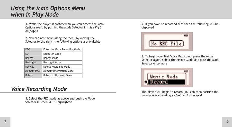 Using the main options menu when in play mode, Voice recording mode | TeleAdapt Mini MP3 Player User Manual | Page 6 / 20