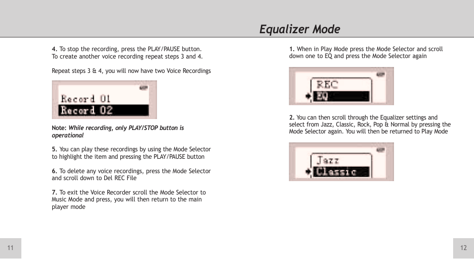 Equalizer mode | TeleAdapt Mini MP3 Player User Manual | Page 7 / 20