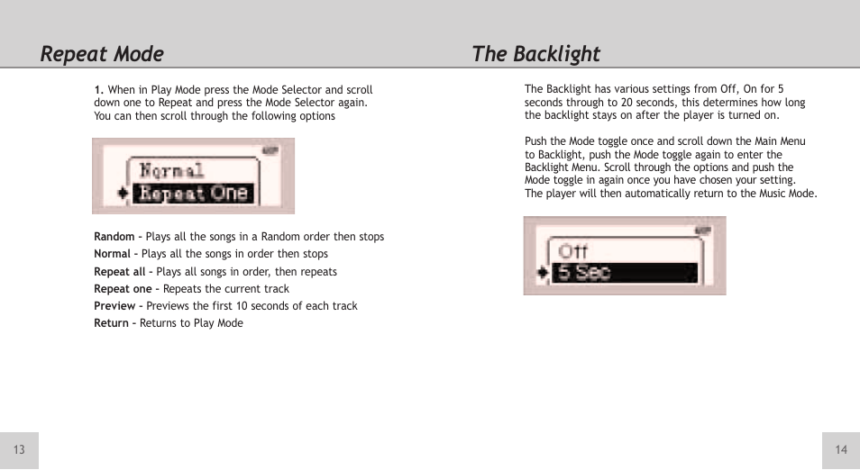 Repeat mode, The backlight | TeleAdapt Mini MP3 Player User Manual | Page 8 / 20