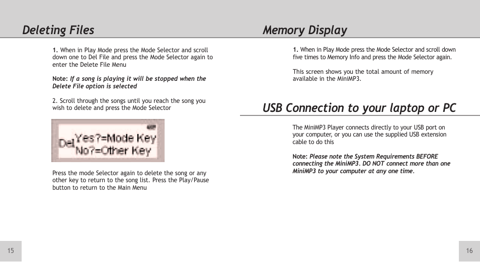 Deleting files, Usb connection to your laptop or pc | TeleAdapt Mini MP3 Player User Manual | Page 9 / 20