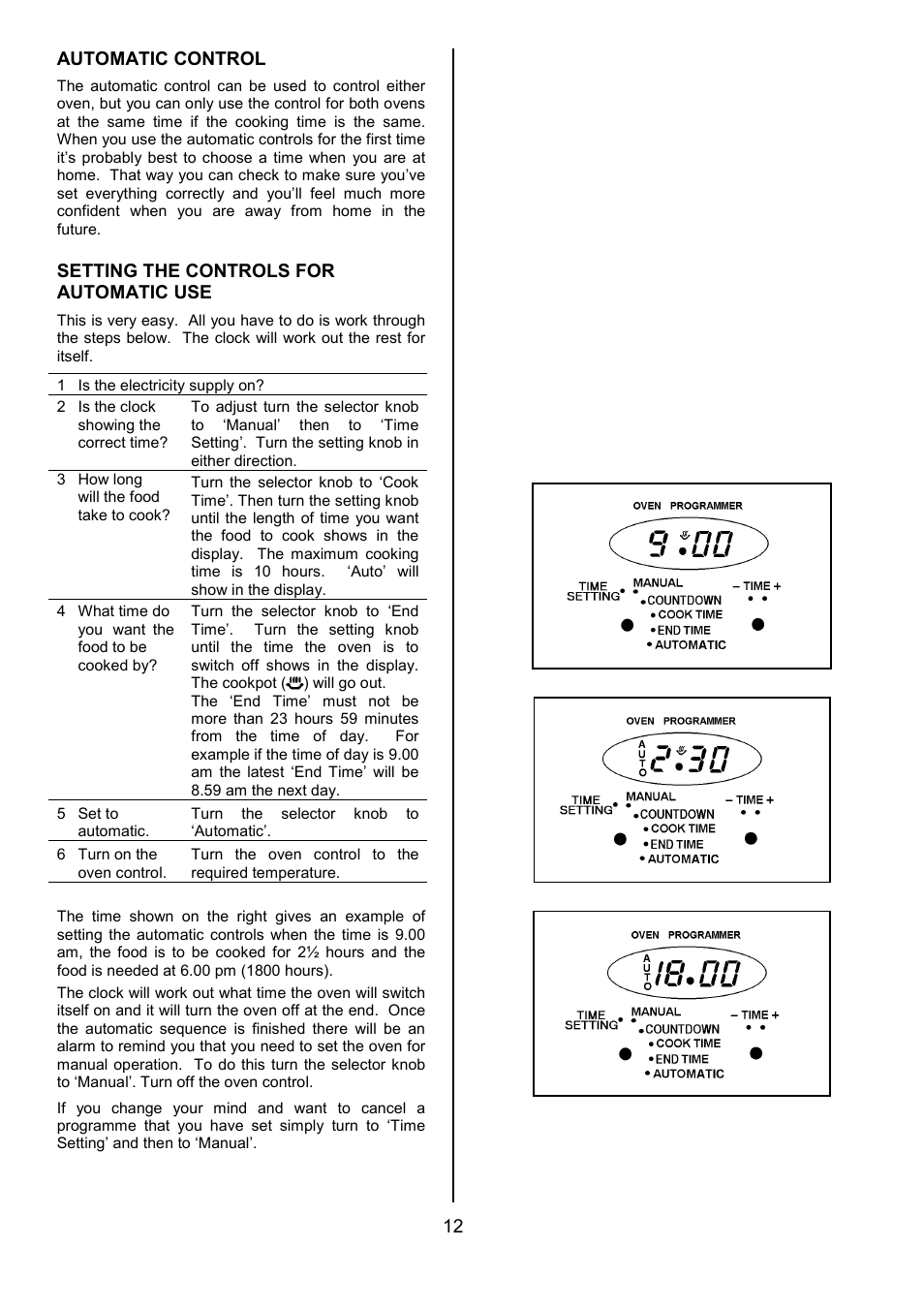 12 automatic control, Setting the controls for automatic use | Tricity Bendix DSIE456 User Manual | Page 12 / 32