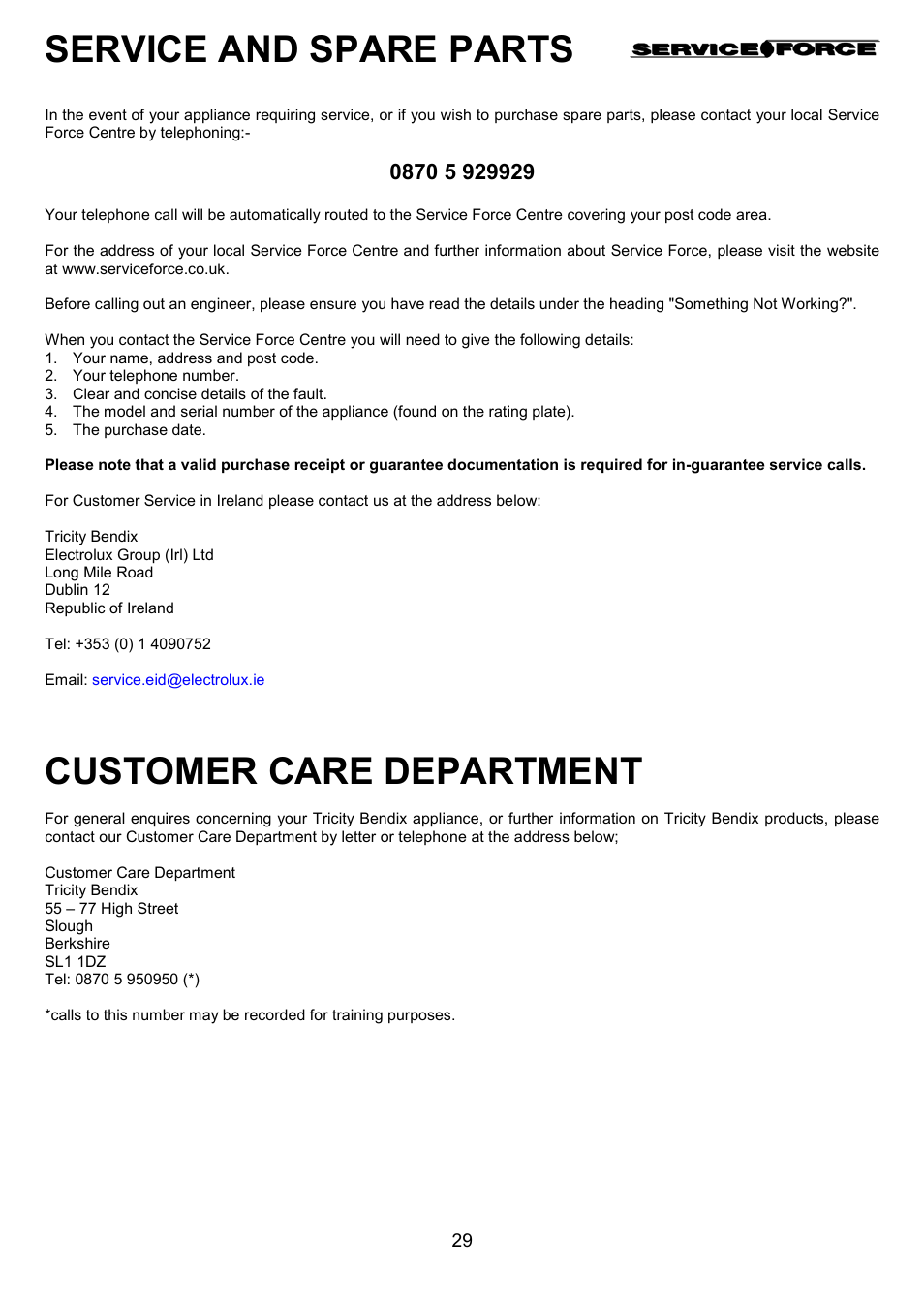 Service and spare parts, Customer care department | Tricity Bendix DSIE456 User Manual | Page 29 / 32