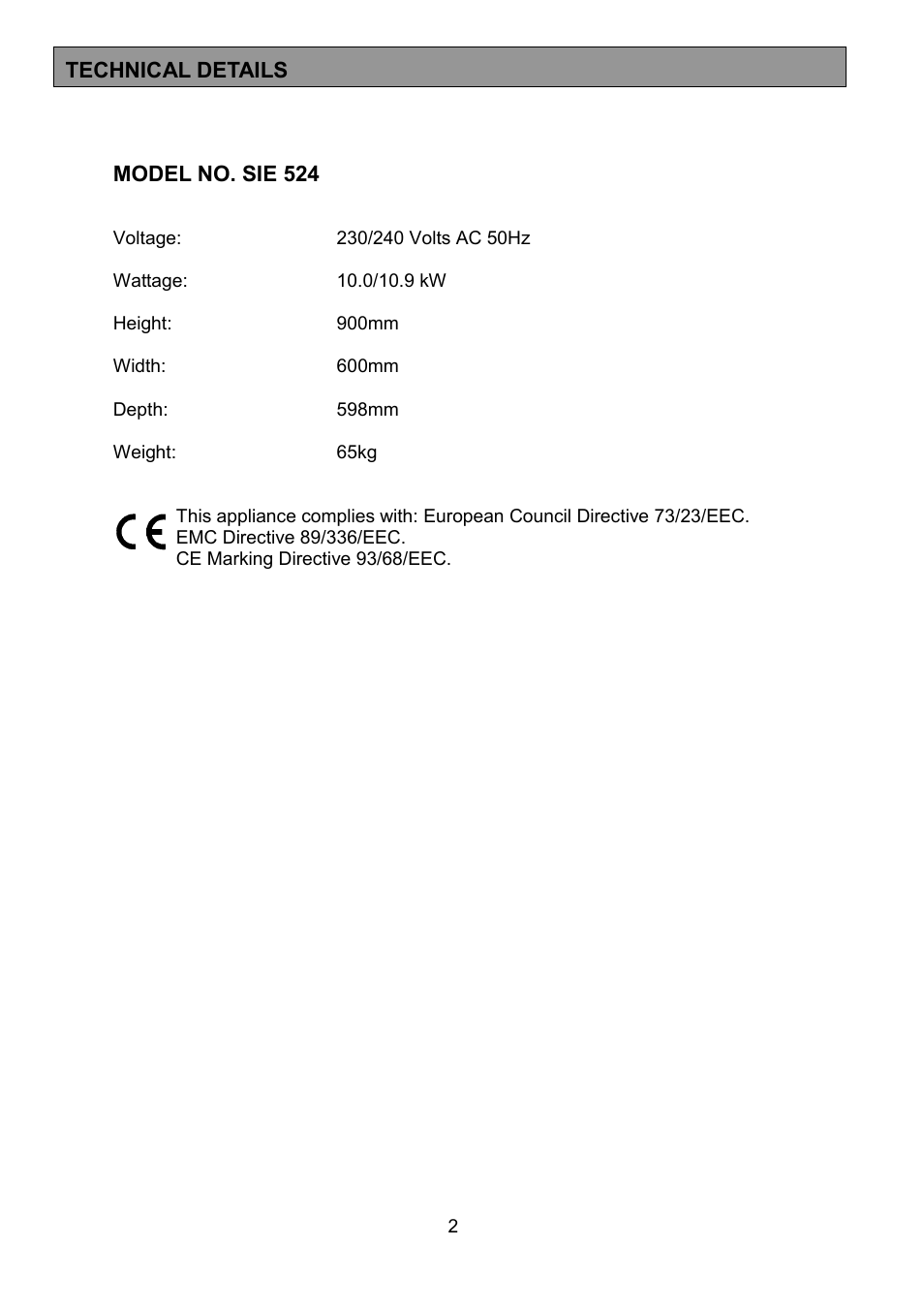 Tricity Bendix SIE524 User Manual | Page 2 / 32