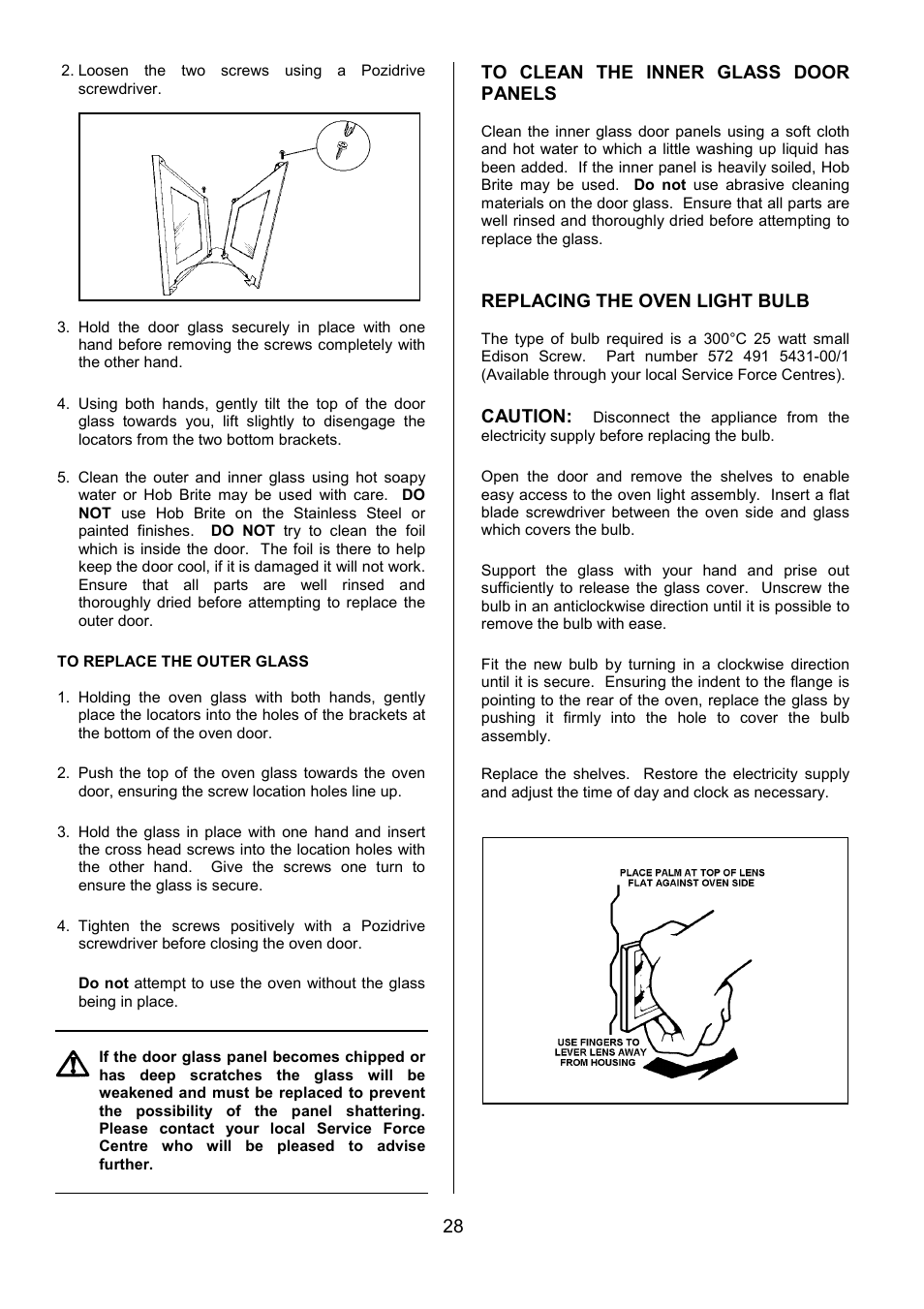 Replacing the oven light bulb, Caution | Tricity Bendix SIE524 User Manual | Page 28 / 32