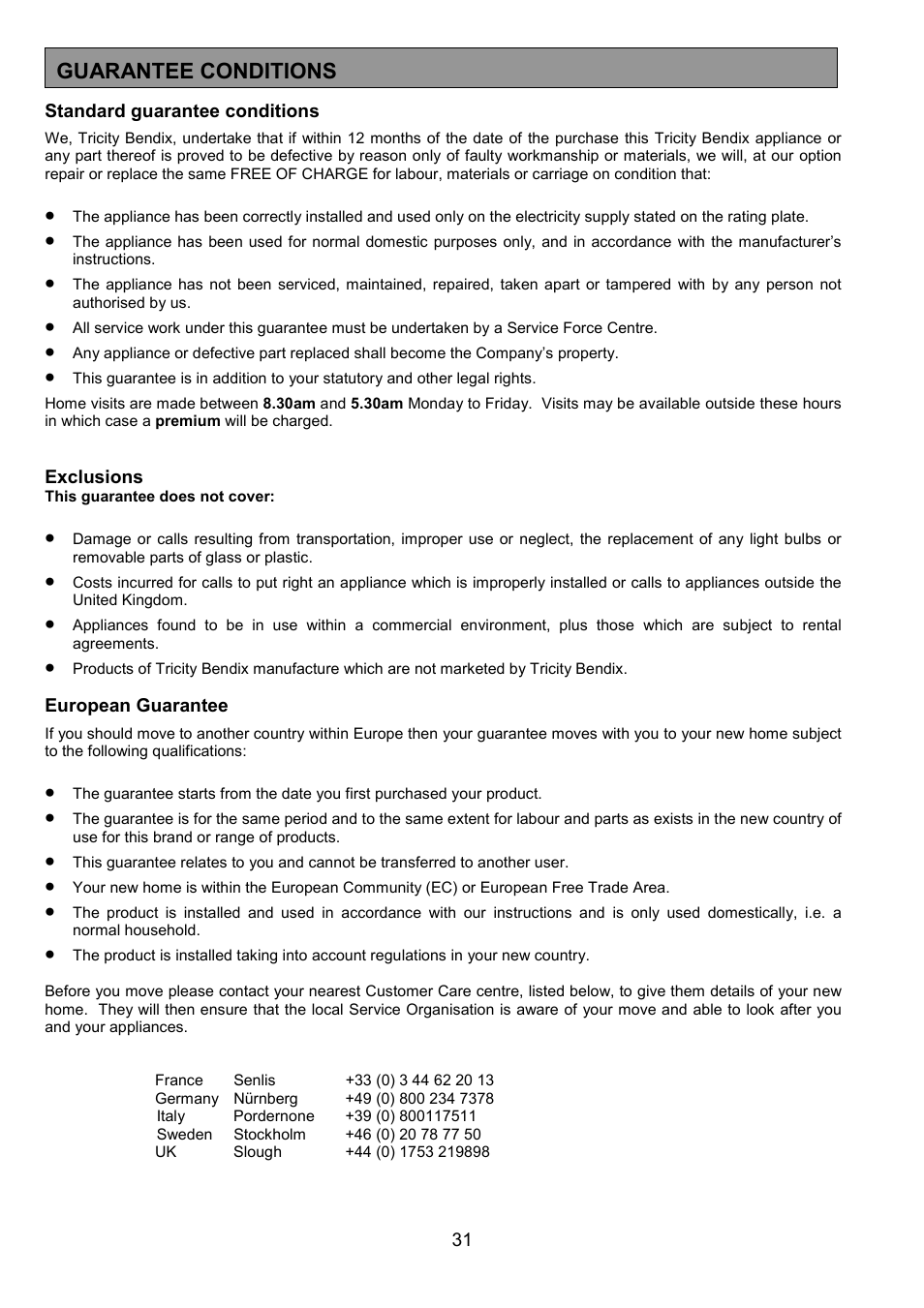 Guarantee conditions | Tricity Bendix SIE524 User Manual | Page 31 / 32