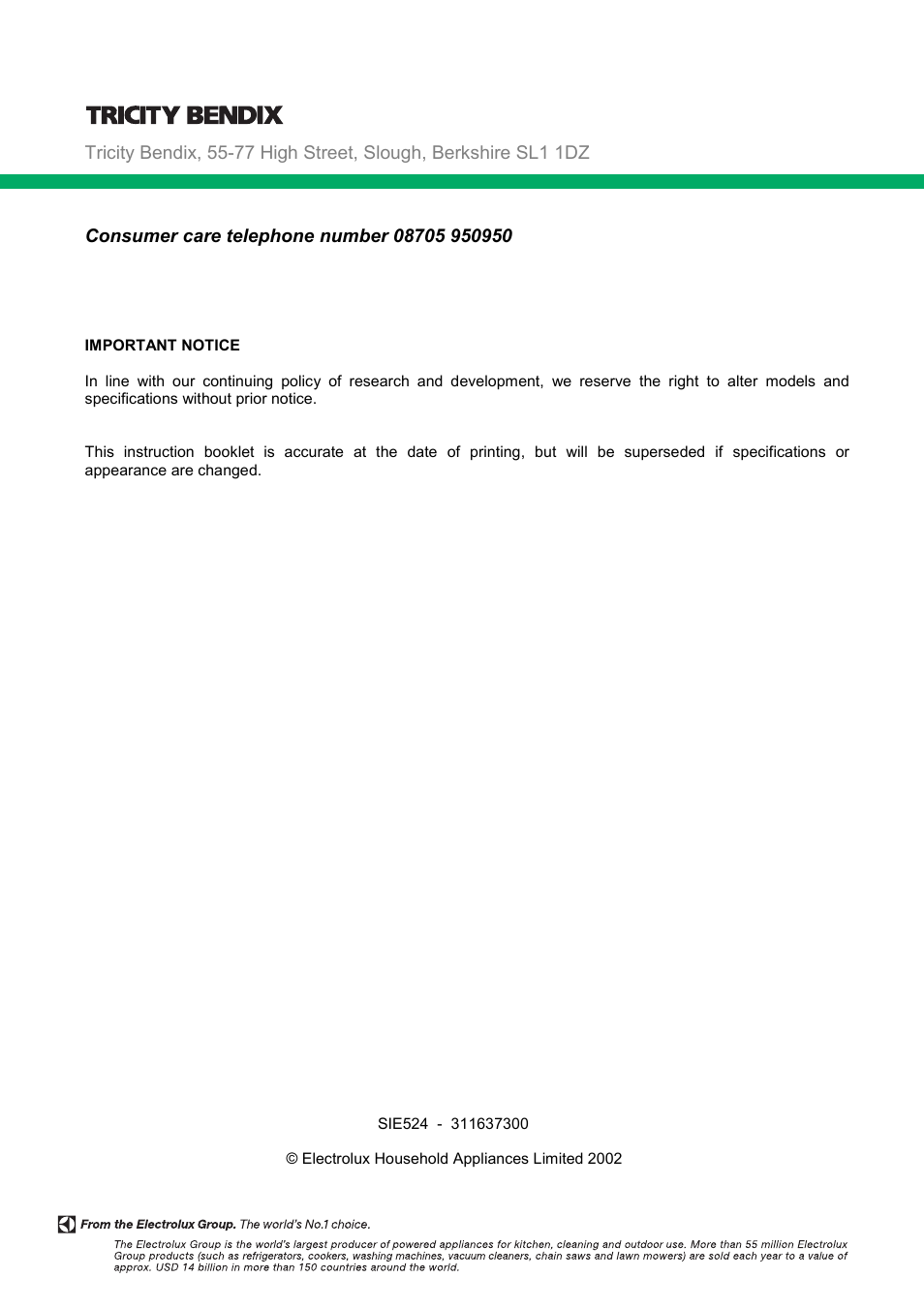 Tricity Bendix SIE524 User Manual | Page 32 / 32