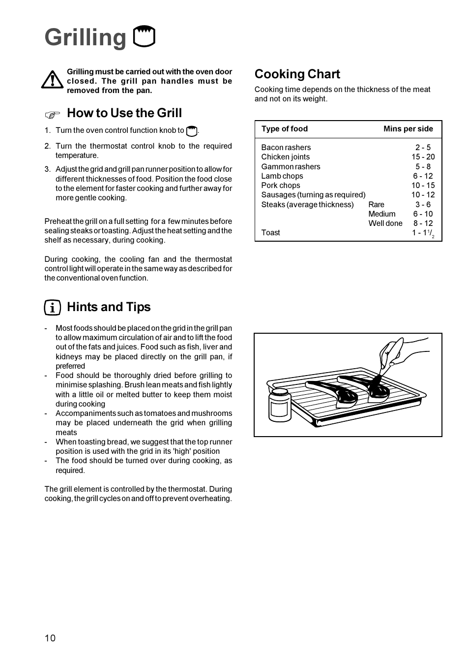 Grilling, How to use the grill, Cooking chart | Hints and tips | Tricity Bendix TBS 613 User Manual | Page 10 / 18