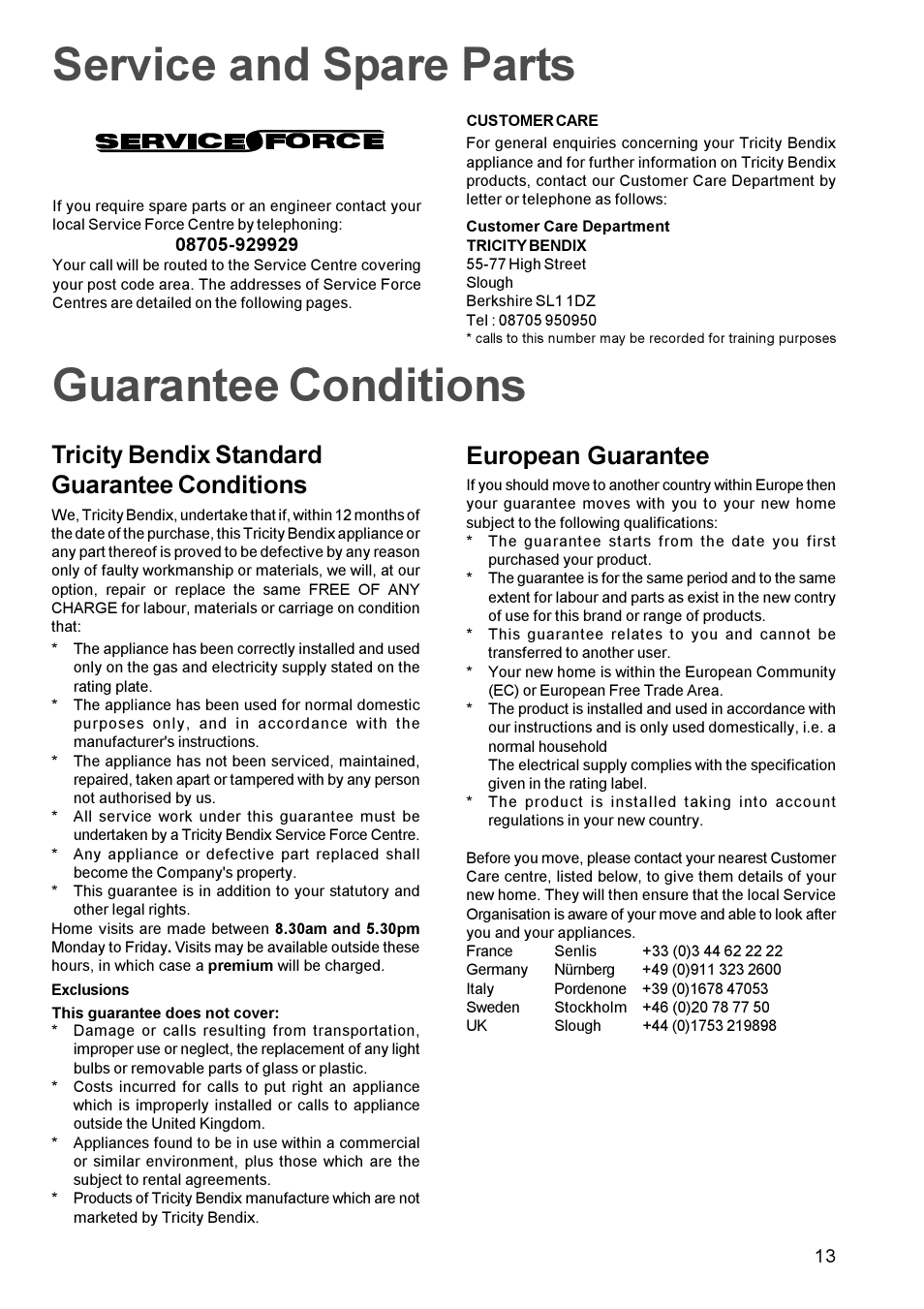Service and spare parts guarantee conditions, European guarantee, Tricity bendix standard guarantee conditions | Tricity Bendix TBS 613 User Manual | Page 13 / 18