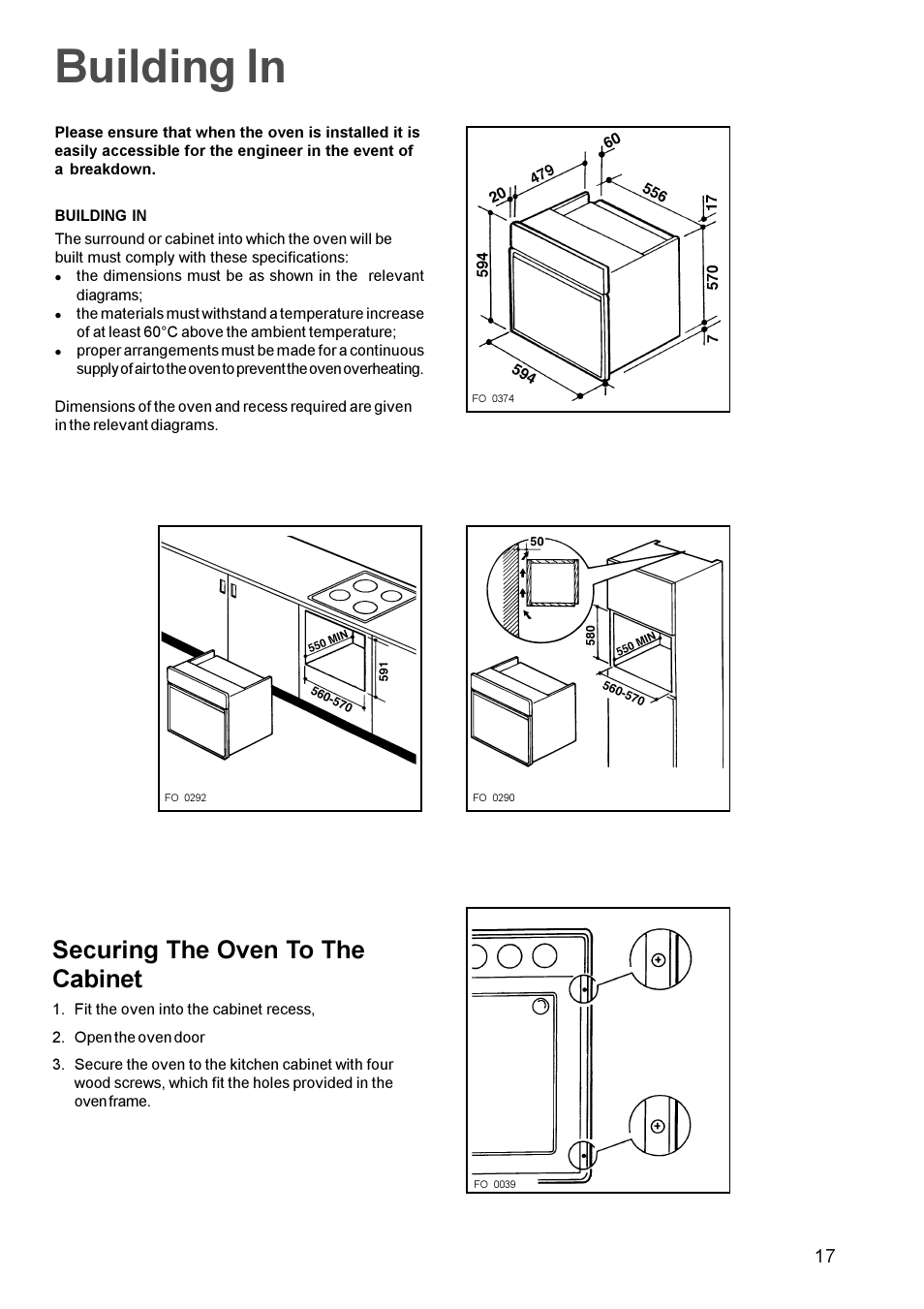 Building in, Securing the oven to the cabinet | Tricity Bendix TBS 613 User Manual | Page 17 / 18