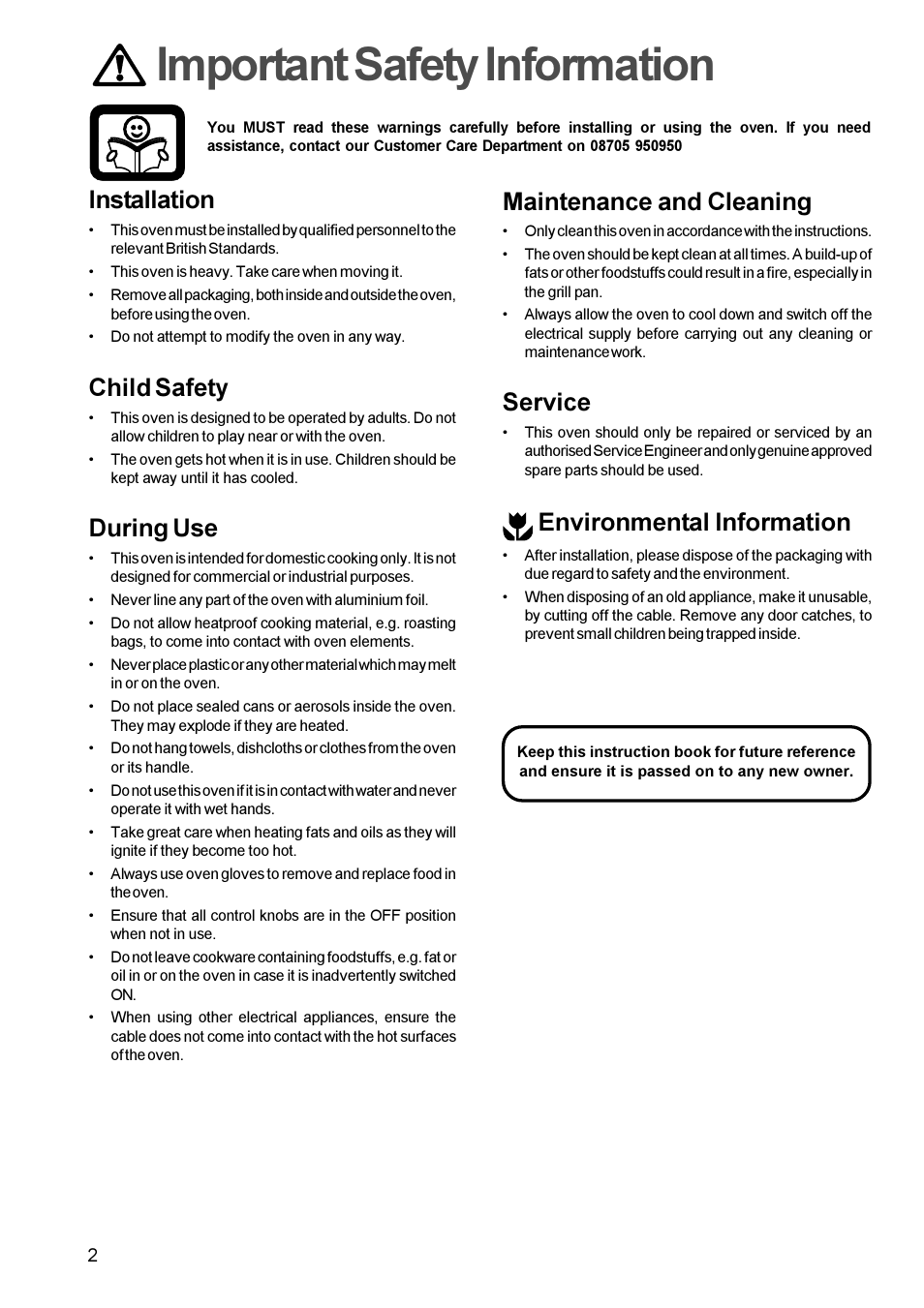 Important safety information, Installation, Child safety | During use, Maintenance and cleaning, Service, Environmental information | Tricity Bendix TBS 613 User Manual | Page 2 / 18