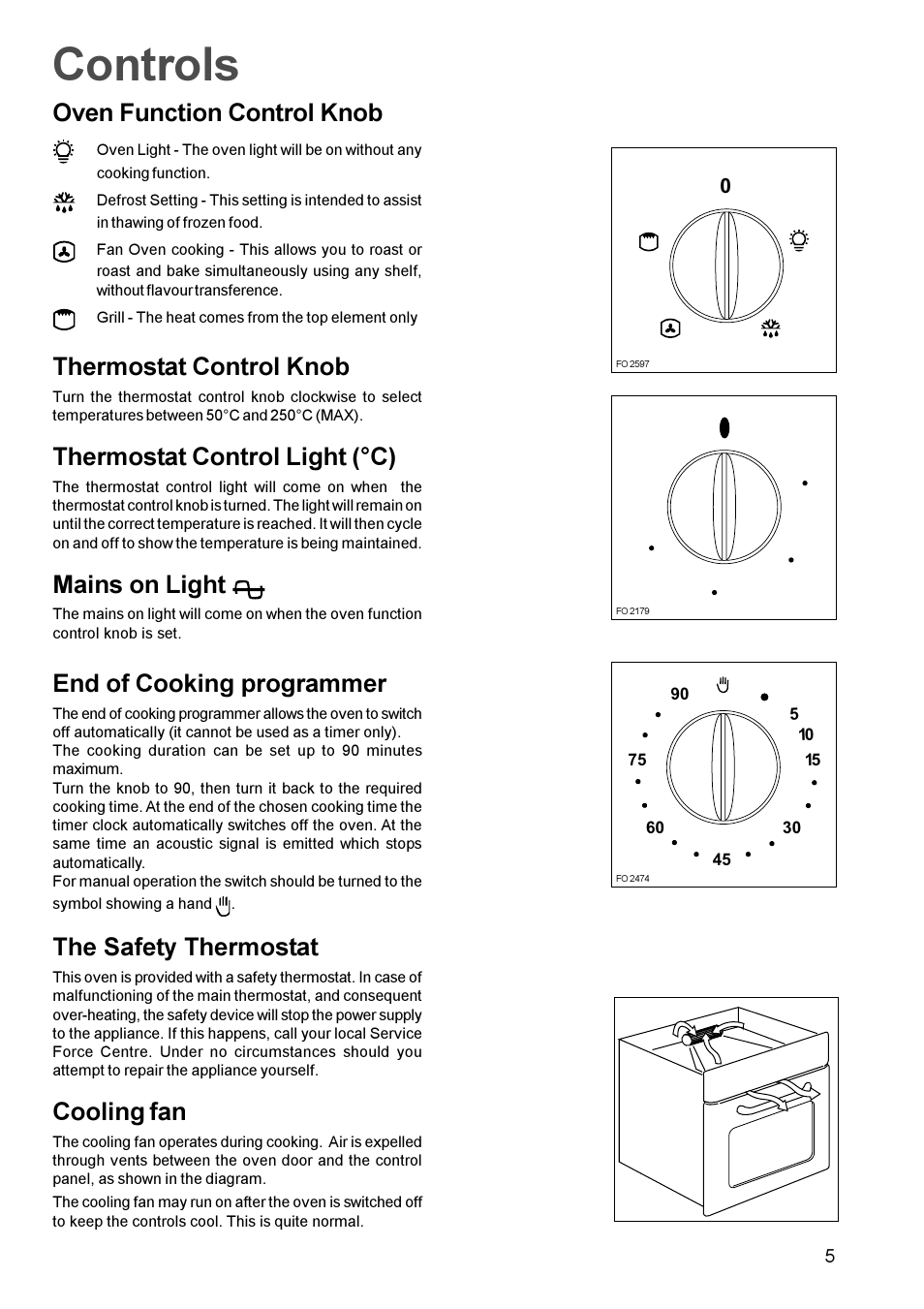 Controls, Oven function control knob, Thermostat control knob | Thermostat control light (°c), Mains on light, End of cooking programmer, The safety thermostat, Cooling fan | Tricity Bendix TBS 613 User Manual | Page 5 / 18