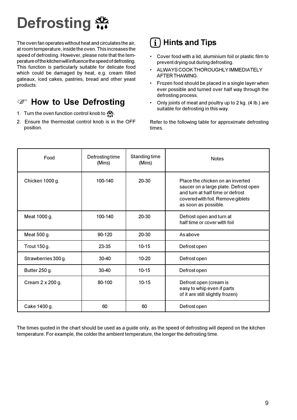 Defrosting, How to use defrosting, Hints and tips | Tricity Bendix TBS 613 User Manual | Page 9 / 18
