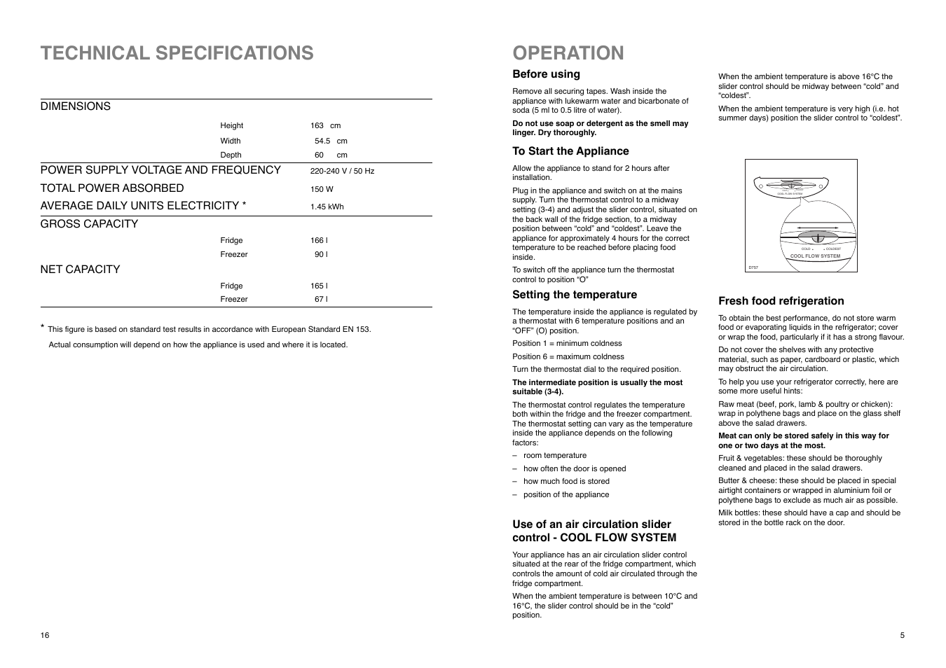 Operation, Technical specifications, Cold coldest | Tricity Bendix TB 112 FF User Manual | Page 16 / 20