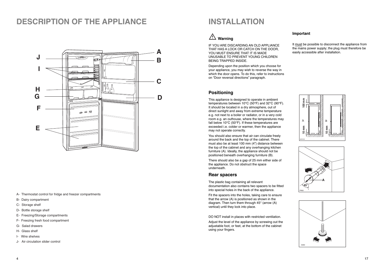 Description of the appliance, Installation, Cold coldest cool flow system | Tricity Bendix TB 112 FF User Manual | Page 17 / 20