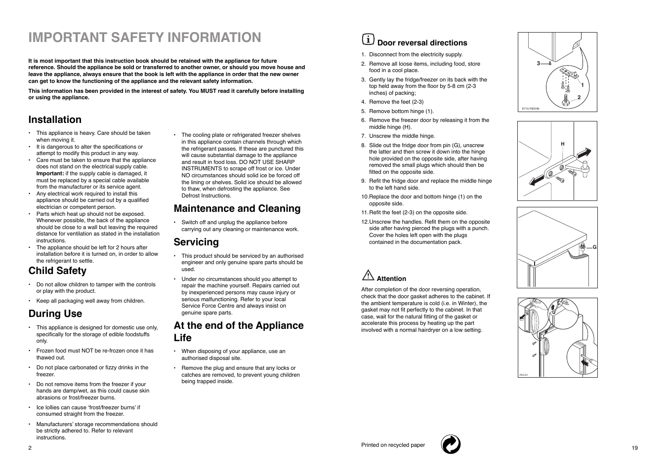 Important safety information, Installation, Child safety | During use, Maintenance and cleaning, Servicing, At the end of the appliance life | Tricity Bendix TB 112 FF User Manual | Page 2 / 20