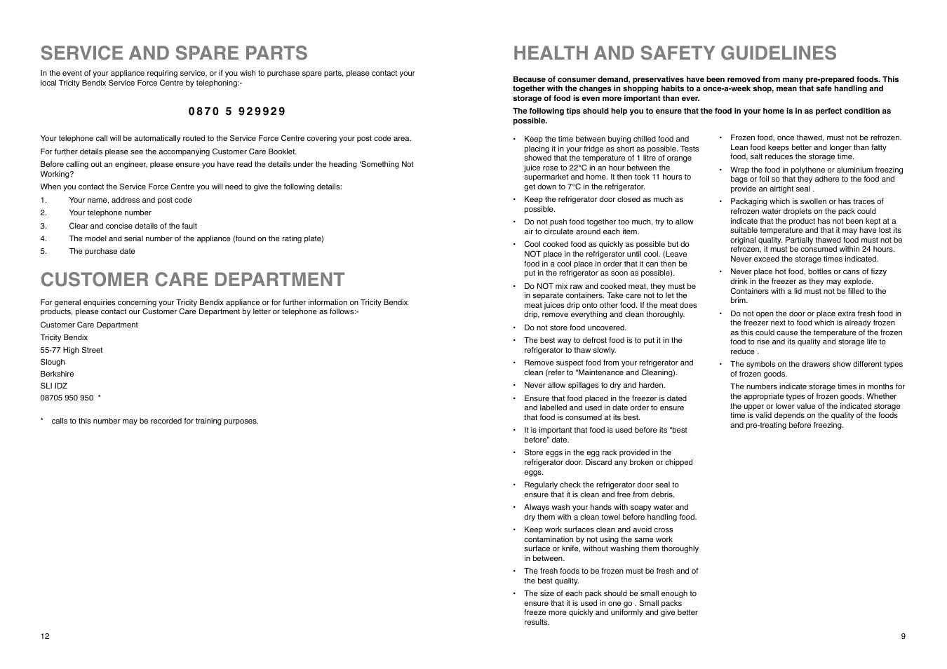 Health and safety guidelines, Service and spare parts customer care department | Tricity Bendix TB 112 FF User Manual | Page 9 / 20