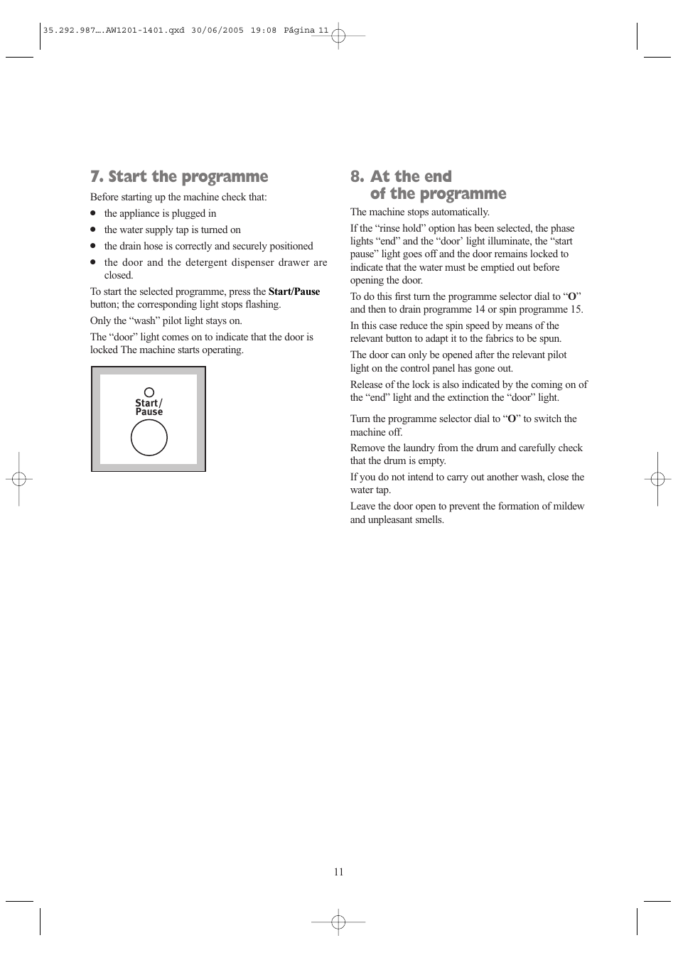 Start the programme, At the end of the programme | Tricity Bendix AW 1201 User Manual | Page 11 / 28
