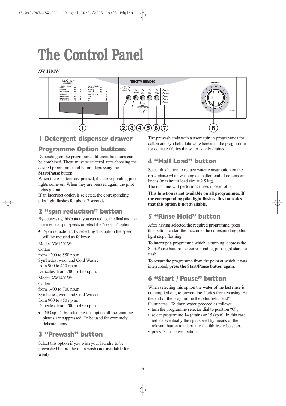 The control panel, 2 “spin reduction” button, 3 “prewash” button | 4 “half load” button, 5 “rinse hold” button, 6 “start / pause” button | Tricity Bendix AW 1201 User Manual | Page 6 / 28