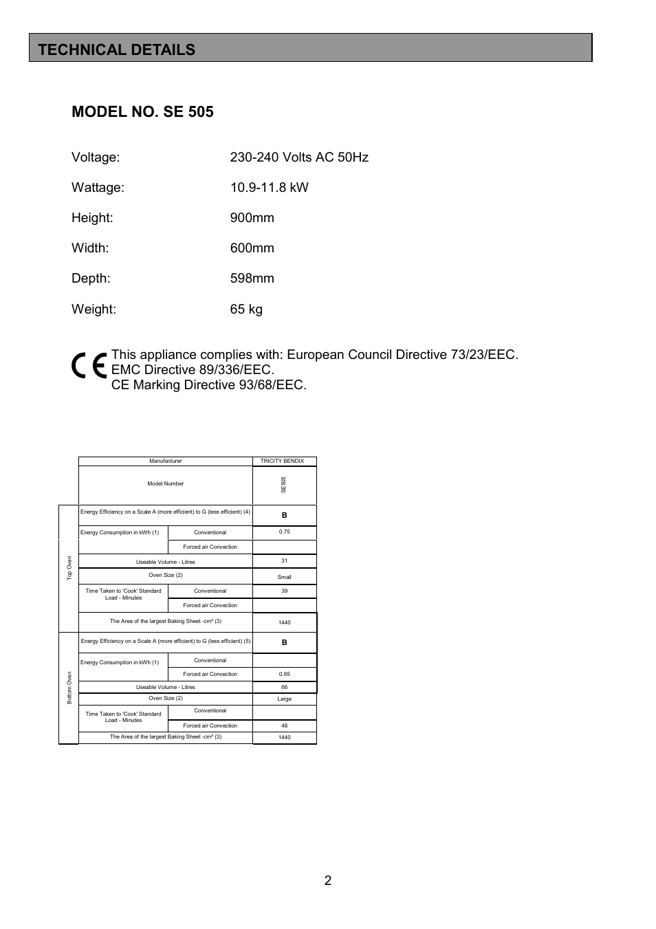 Model no. se 505, Technical details | Tricity Bendix SE505 User Manual | Page 2 / 32