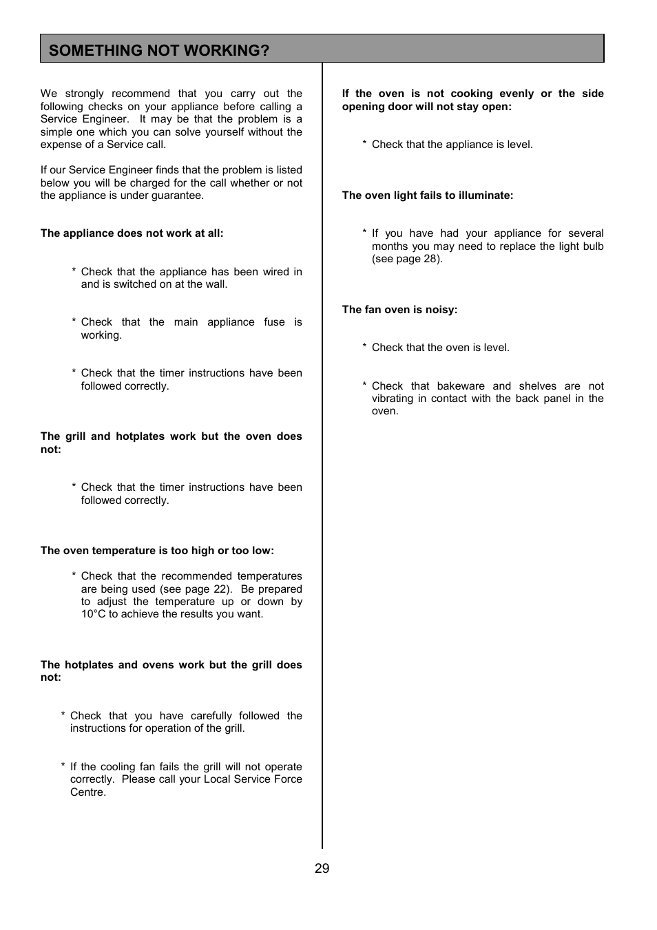 Something not working | Tricity Bendix SE505 User Manual | Page 29 / 32