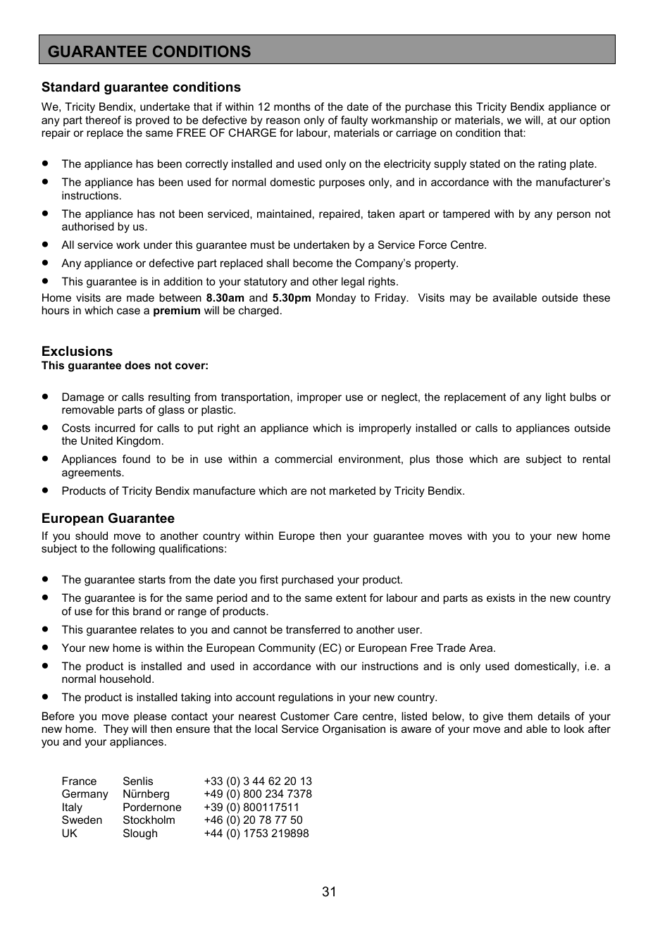 Guarantee conditions | Tricity Bendix SE505 User Manual | Page 31 / 32