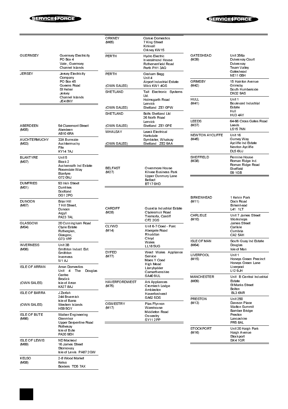 Tricity bendix service force, Channel islands, Scotland | Northern ireland, Wales, North east, North west | Tricity Bendix SOV50CH User Manual | Page 24 / 28