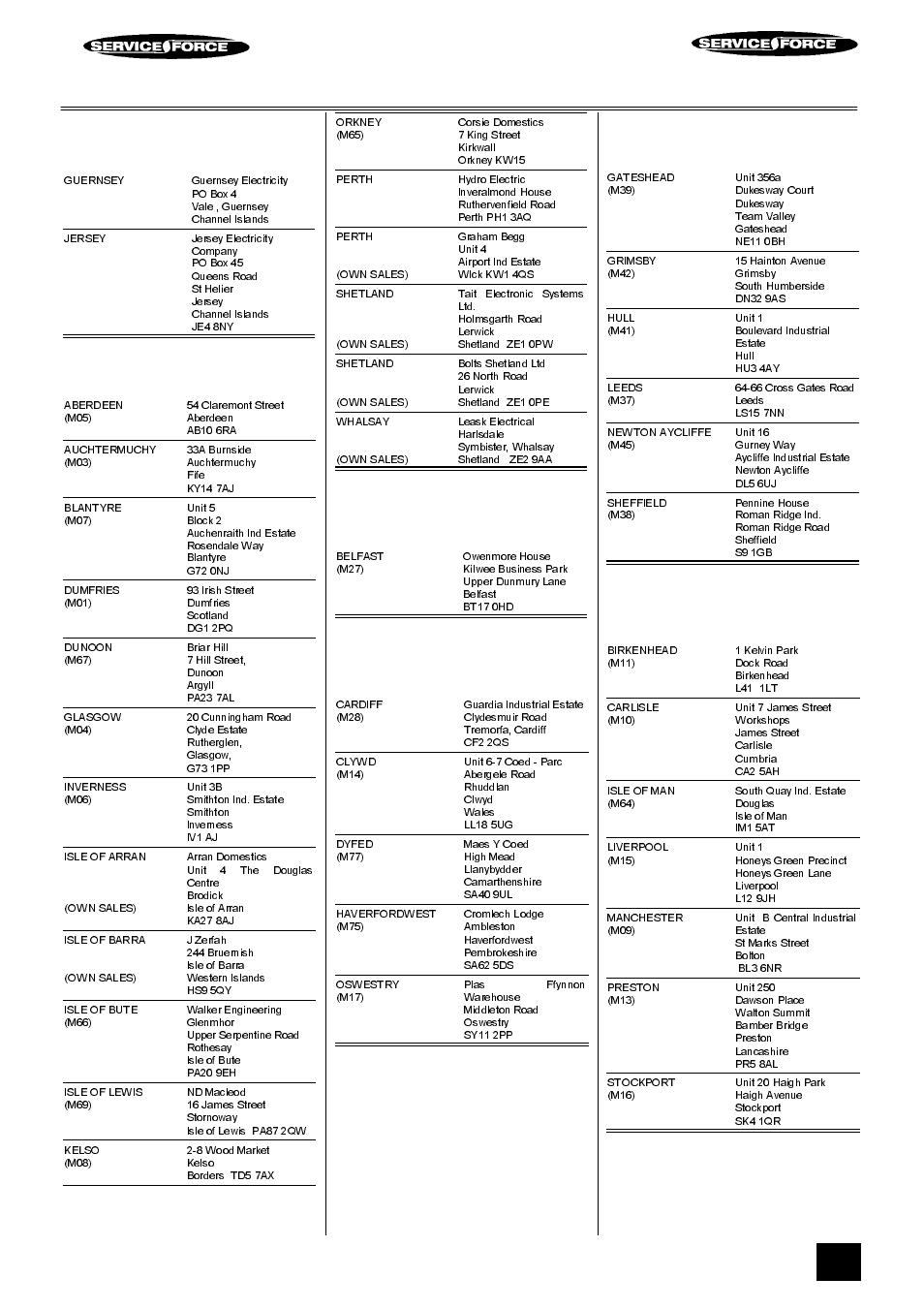 Tricity bendix service force, Channel islands, Scotland | Northern ireland, Wales, North east, North west | Tricity Bendix SIE 505 User Manual | Page 31 / 36