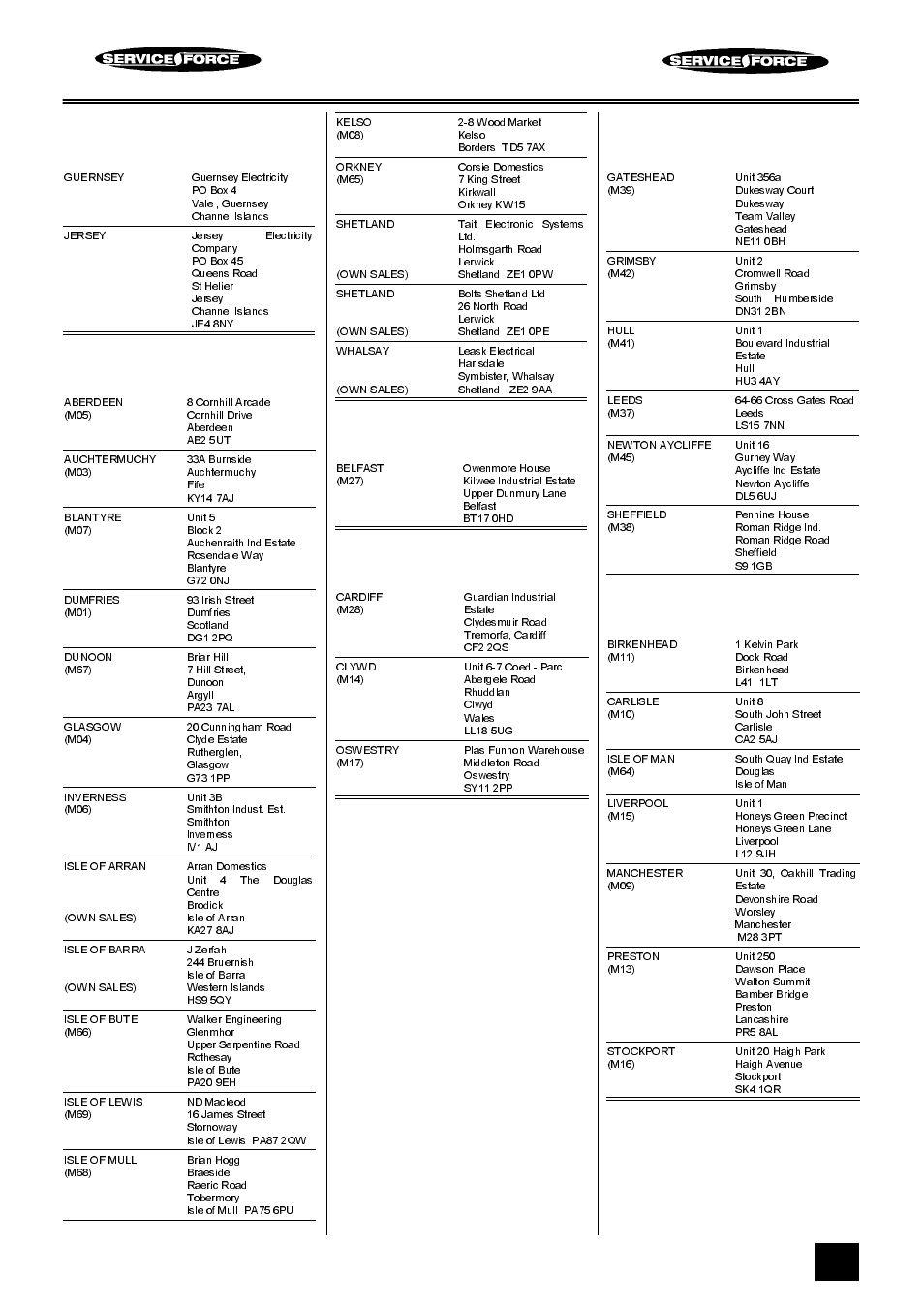 Tricity bendix service force, Channel islands, Scotland | Northern ireland, Wales, North east, North west | Tricity Bendix BS 612/2 User Manual | Page 35 / 40