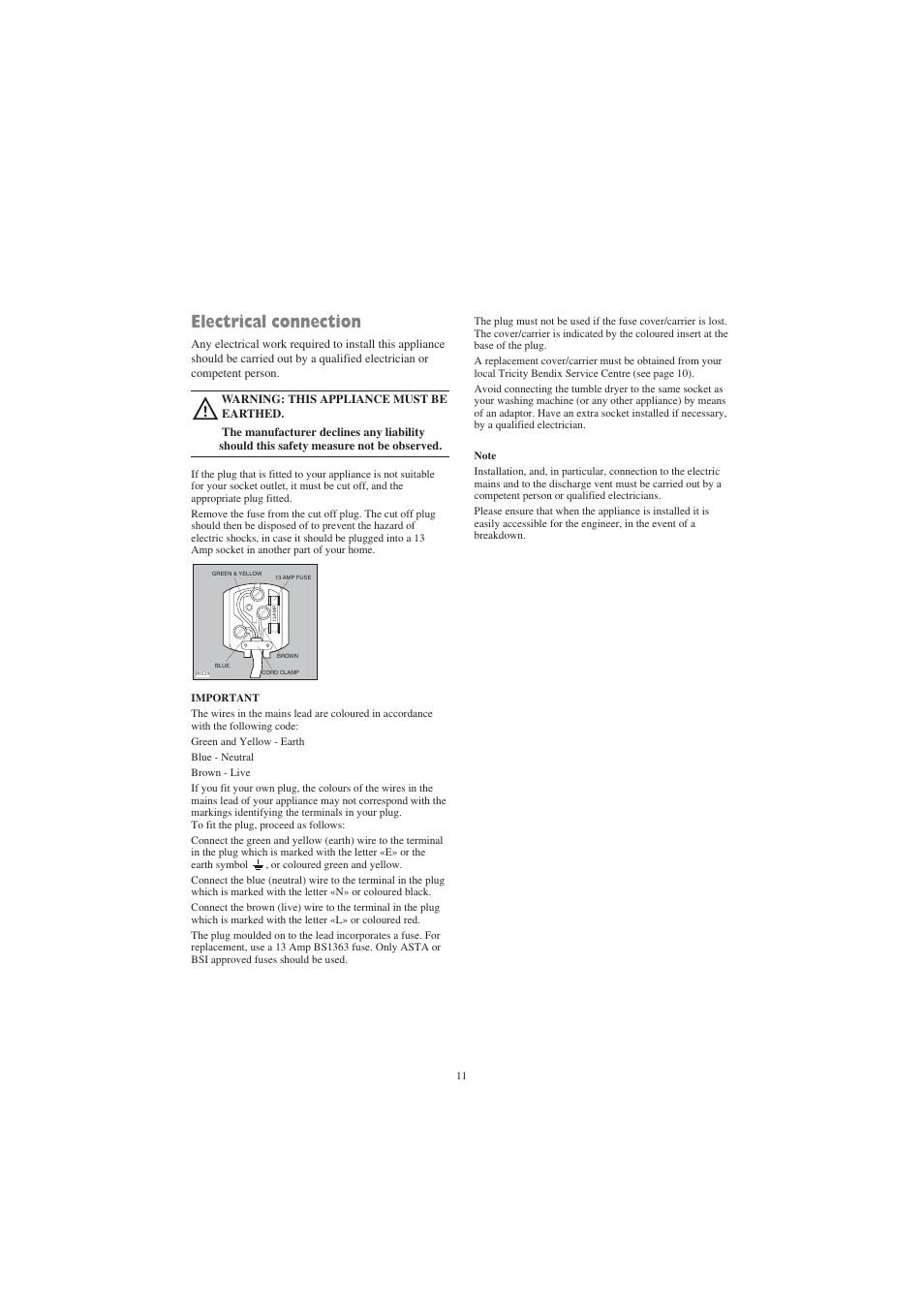 Electrical connection | Tricity Bendix TM 210 W User Manual | Page 11 / 12